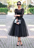 Prom Dress with Appliqued, A-line/Princess 3/4 Sleeve Bateau Zipper Tulle Tea-Length BM bride