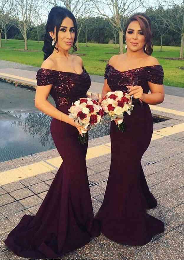 Prom Dress, Satin Sheath/Column Style, Off-The-Shoulder, Sweep Train, With Sequins BM bride