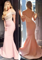 Prom Dress, Satin Sheath/Column Style, Off-The-Shoulder, Sweep Train, With Sequins BM bride