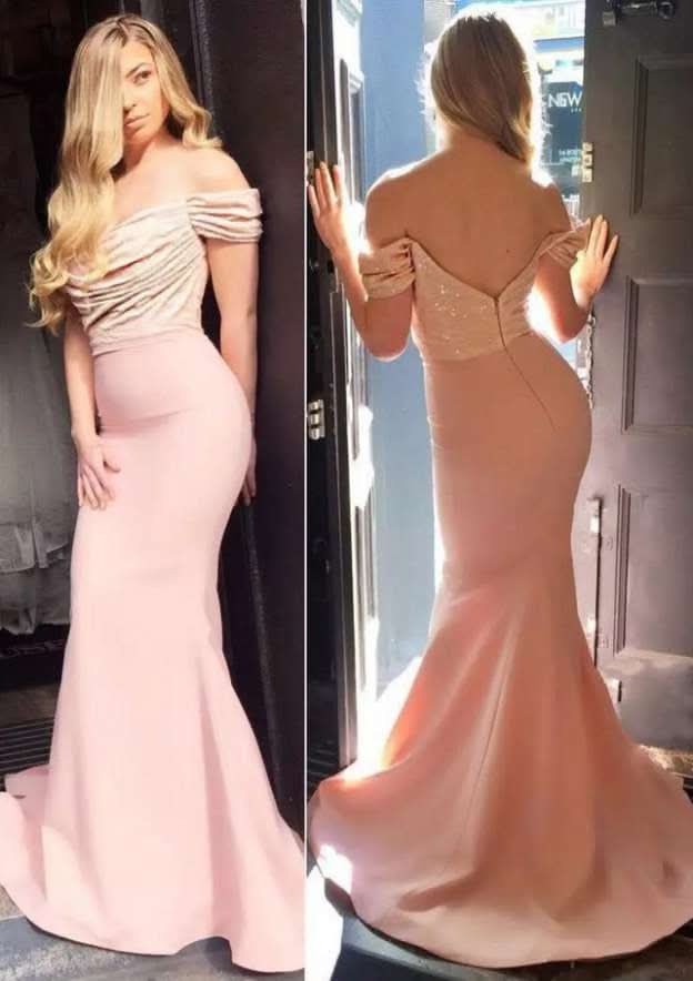 Prom Dress, Satin Sheath/Column Style, Off-The-Shoulder, Sweep Train, With Sequins BM bride
