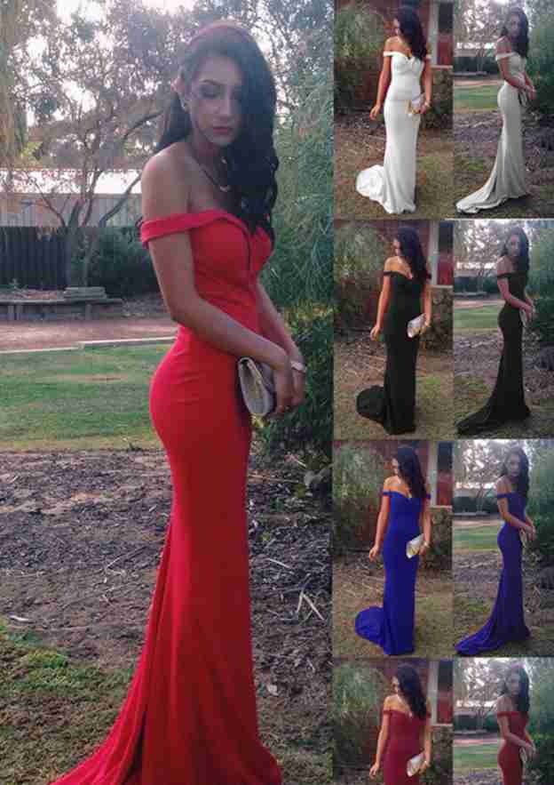 Chic Sheath/Column Sweetheart Sweep Train Jersey Prom Dress With Appliqued Details BM bride