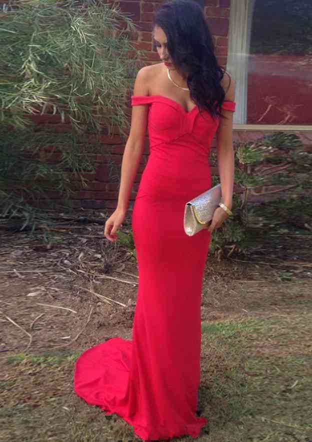 Chic Sheath/Column Sweetheart Sweep Train Jersey Prom Dress With Appliqued Details BM bride