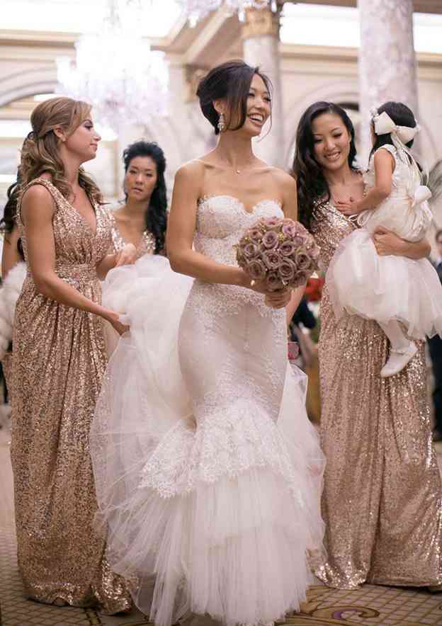 A-Line/Princess Floor-Length Sleeveless Sequined Bridesmaid Dress, V-Neck With Pleats BM bride