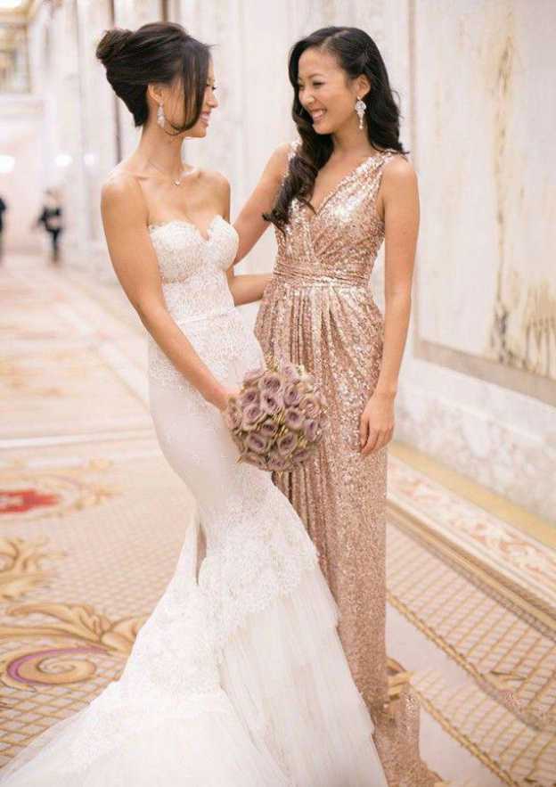 A-Line/Princess Floor-Length Sleeveless Sequined Bridesmaid Dress, V-Neck With Pleats BM bride