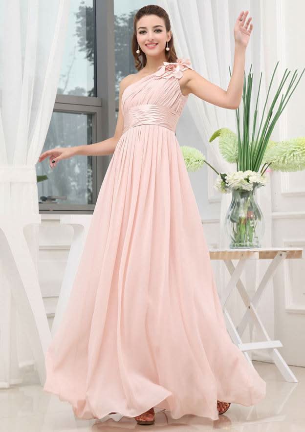 Floor-Length Chiffon Bridesmaid Dress, A-Line/Princess Style, One-Shoulder, Sleeveless, With Pleated Shoulder Flore BM bride