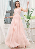 Floor-Length Chiffon Bridesmaid Dress, A-Line/Princess Style, One-Shoulder, Sleeveless, With Pleated Shoulder Flore BM bride