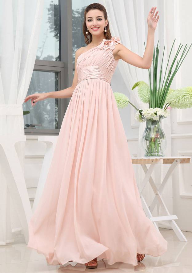 Floor-Length Chiffon Bridesmaid Dress, A-Line/Princess Style, One-Shoulder, Sleeveless, With Pleated Shoulder Flore BM bride