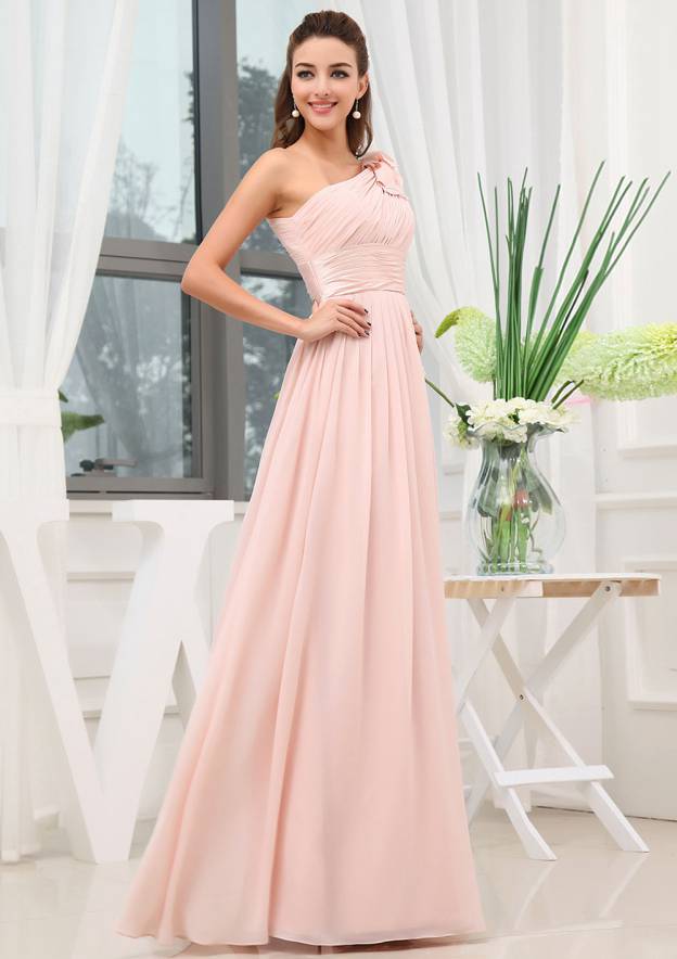 Floor-Length Chiffon Bridesmaid Dress, A-Line/Princess Style, One-Shoulder, Sleeveless, With Pleated Shoulder Flore BM bride