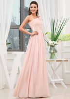 Floor-Length Chiffon Bridesmaid Dress, A-Line/Princess Style, One-Shoulder, Sleeveless, With Pleated Shoulder Flore BM bride