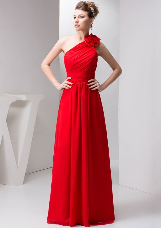 Floor-Length Chiffon Bridesmaid Dress, A-Line/Princess Style, One-Shoulder, Sleeveless, With Pleated Shoulder Flower BM bride