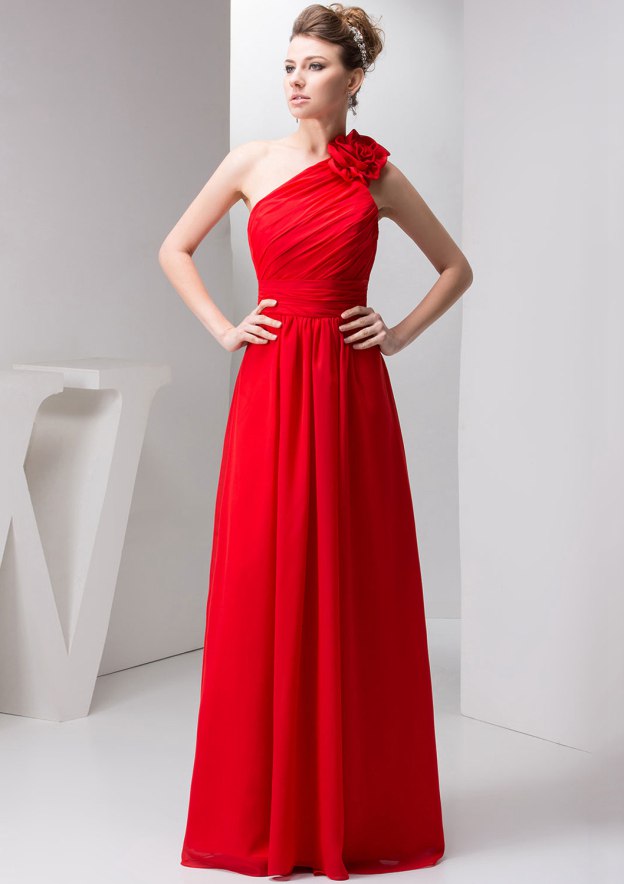 Floor-Length Chiffon Bridesmaid Dress, A-Line/Princess Style, One-Shoulder, Sleeveless, With Pleated Shoulder Flower BM bride