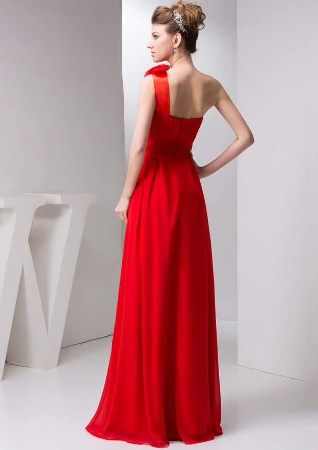 Floor-Length Chiffon Bridesmaid Dress, A-Line/Princess Style, One-Shoulder, Sleeveless, With Pleated Shoulder Flower BM bride