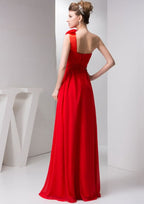 Floor-Length Chiffon Bridesmaid Dress, A-Line/Princess Style, One-Shoulder, Sleeveless, With Pleated Shoulder Flower BM bride