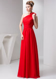 Floor-Length Chiffon Bridesmaid Dress, A-Line/Princess Style, One-Shoulder, Sleeveless, With Pleated Shoulder Flower BM bride