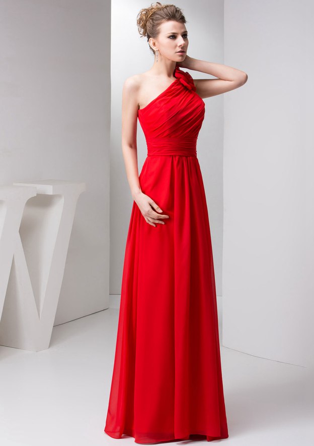 Floor-Length Chiffon Bridesmaid Dress, A-Line/Princess Style, One-Shoulder, Sleeveless, With Pleated Shoulder Flower BM bride