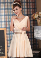 Knee-Length Satin Bridesmaid Dress, A-Line/Princess Style, V-Neck, Sleeveless, With Bowknot And Pleats BM bride