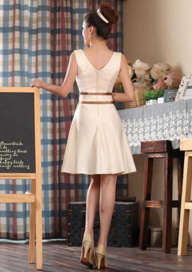 Knee-Length Satin Bridesmaid Dress, A-Line/Princess Style, V-Neck, Sleeveless, With Bowknot And Pleats BM bride