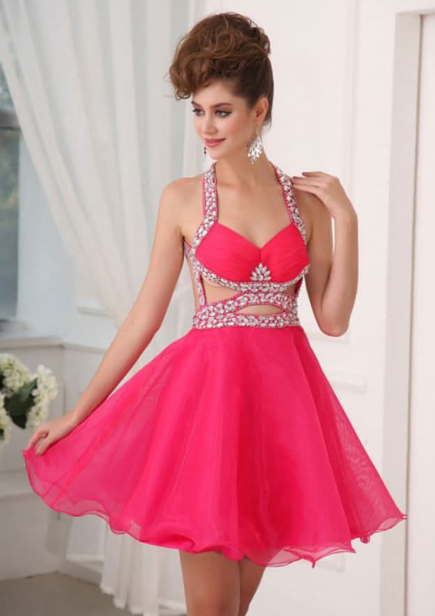Radiant A-Line Halter Sleeveless Mini Organza Homecoming Dress With Crystal BM bride