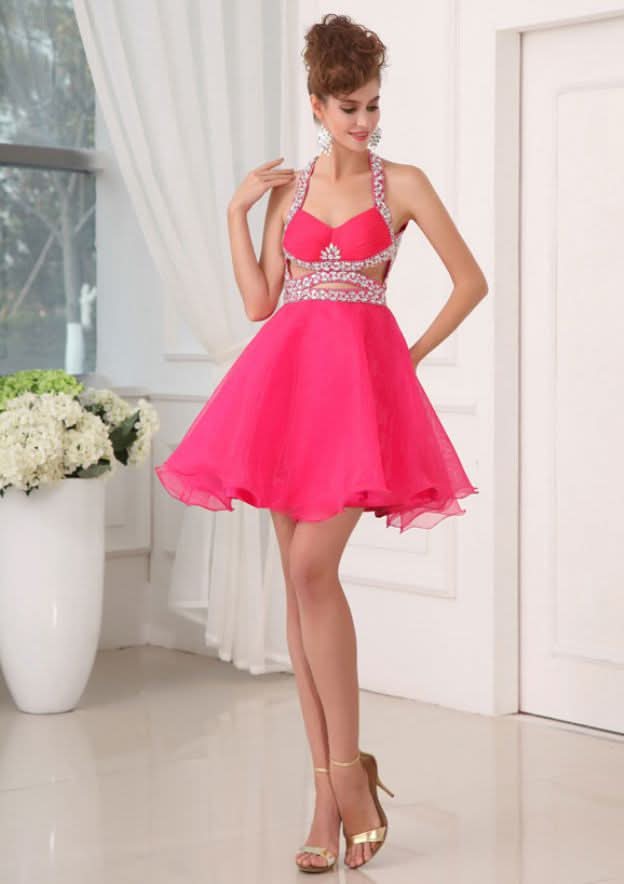 Radiant A-Line Halter Sleeveless Mini Organza Homecoming Dress With Crystal BM bride