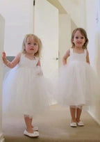Elegant Tulle Square Neckline Tea-Length A-line Flower Girl Dress with Bandage BM bride