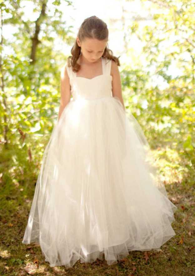 Stylish Tulle Square Neckline Floor-Length A-line Flower Girl Dress with Waistband BM bride