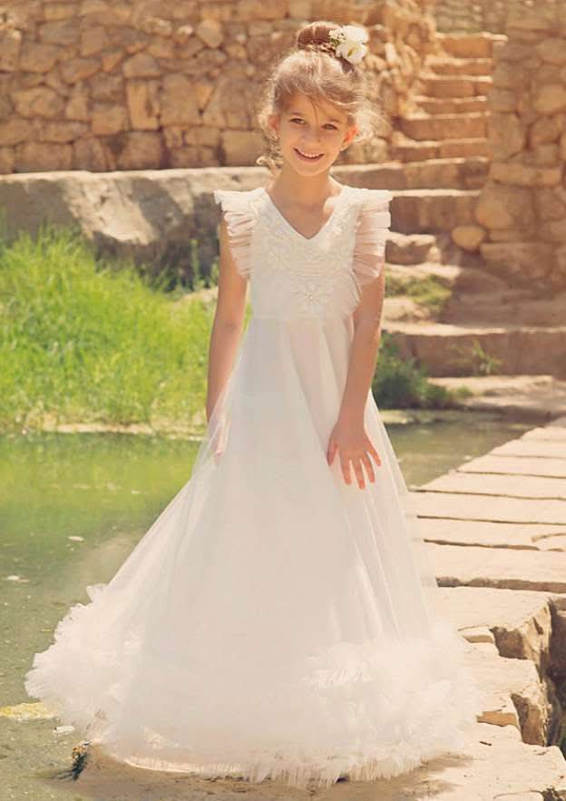 Stylish Tulle V-Neck Floor-Length A-line Flower Girl Dress with Appliqued BM bride