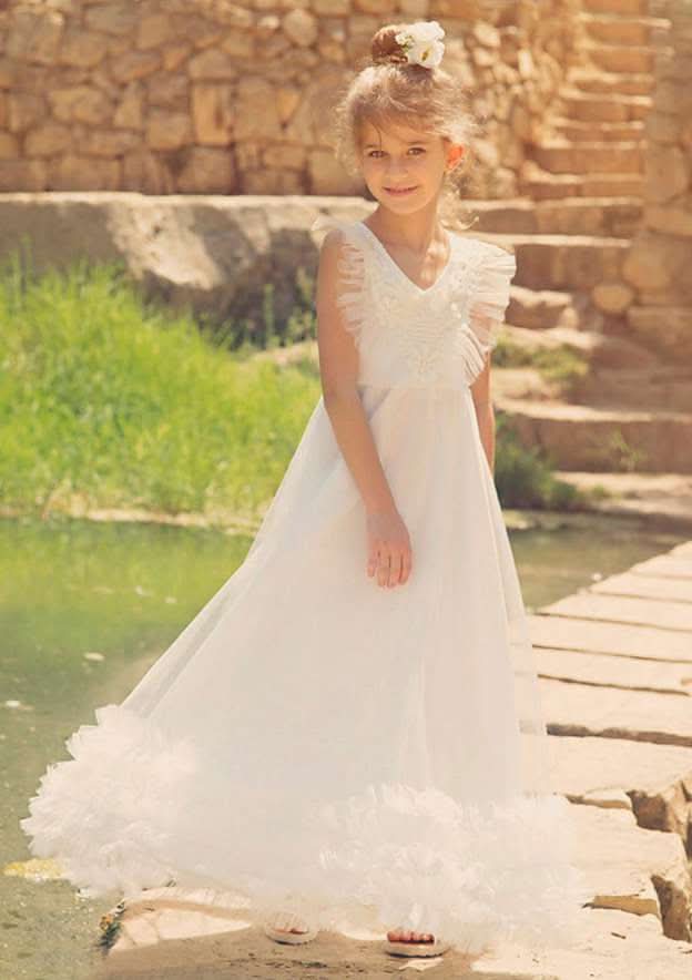 Stylish Tulle V-Neck Floor-Length A-line Flower Girl Dress with Appliqued BM bride