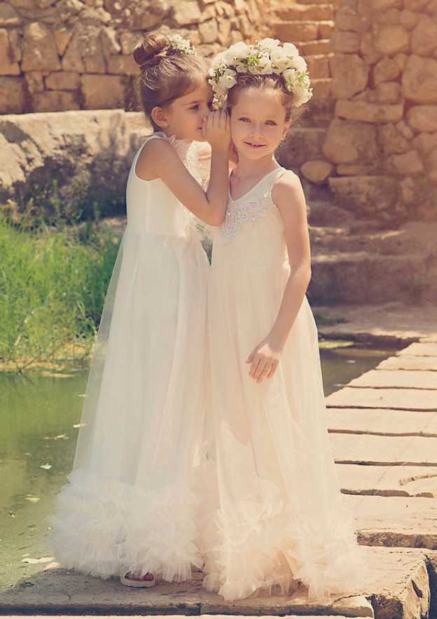 Stylish Tulle V-Neck Floor-Length A-line Flower Girl Dress with Appliqued BM bride