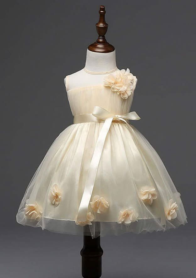 Pretty Tulle Bateau Neck Knee-Length A-line Flower Girl Dress with Appliqued BM bride