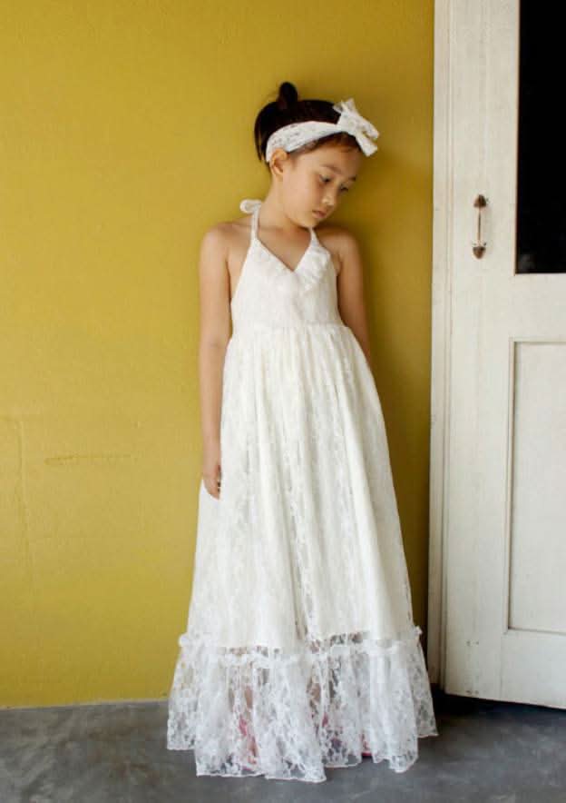 Graceful Lace Halter Neck Floor-Length A-line Flower Girl Dress with Bandage BM bride