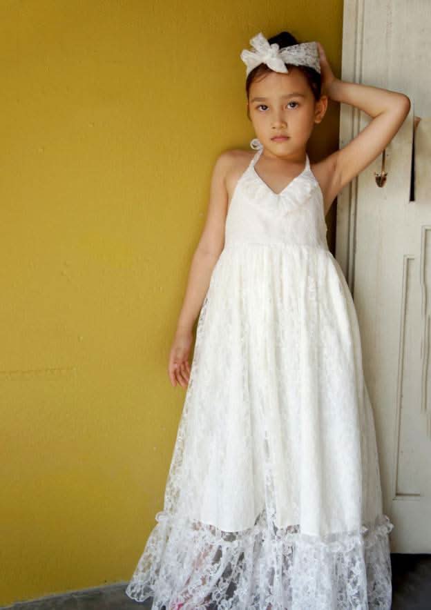 Graceful Lace Halter Neck Floor-Length A-line Flower Girl Dress with Bandage BM bride