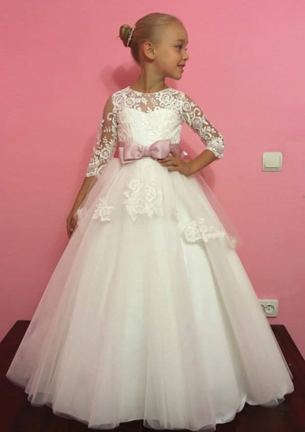 Stylish Tulle Bateau Neck Floor-Length A-line Flower Girl Dress with Bandage BM bride