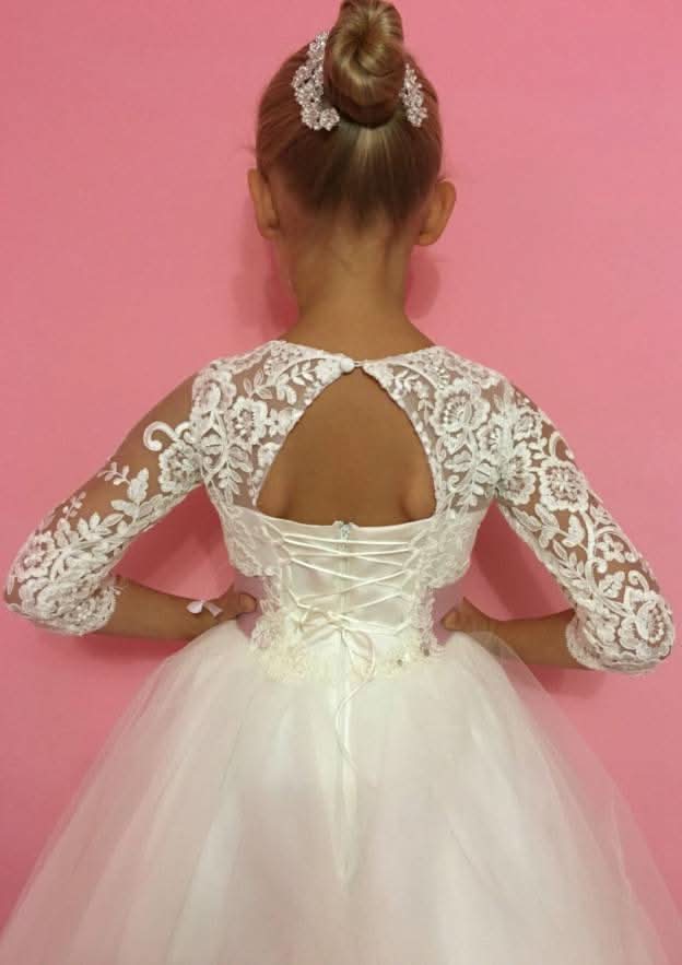 Stylish Tulle Bateau Neck Floor-Length A-line Flower Girl Dress with Bandage BM bride