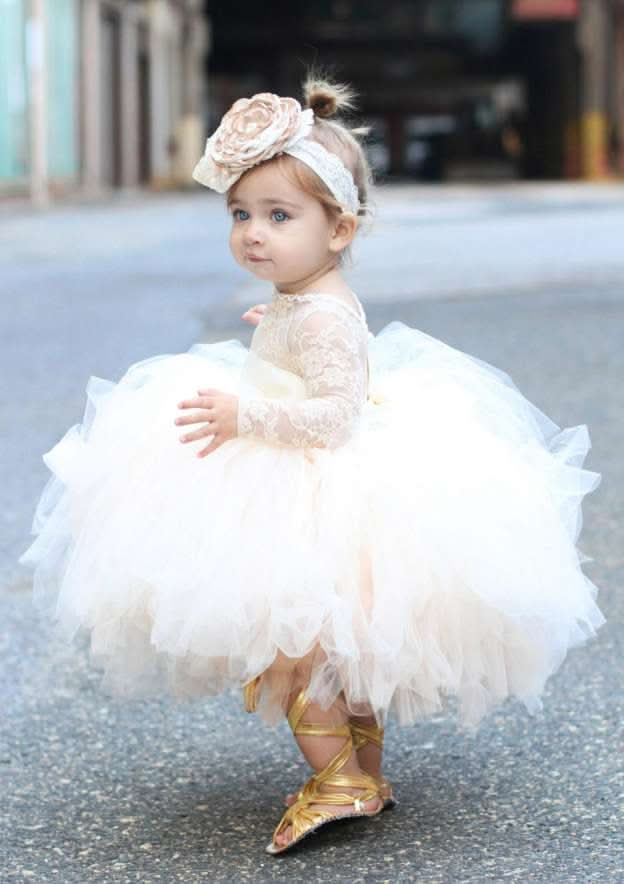 Elegant Tulle Bateau Neck Tea-Length A-line Flower Girl Dress with Lace BM bride