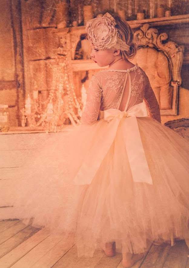 Elegant Tulle Bateau Neck Tea-Length A-line Flower Girl Dress with Lace BM bride