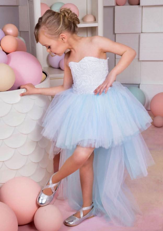 Stunning Tulle Strapless Asymmetrical A-line Flower Girl Dress with Lace BM bride