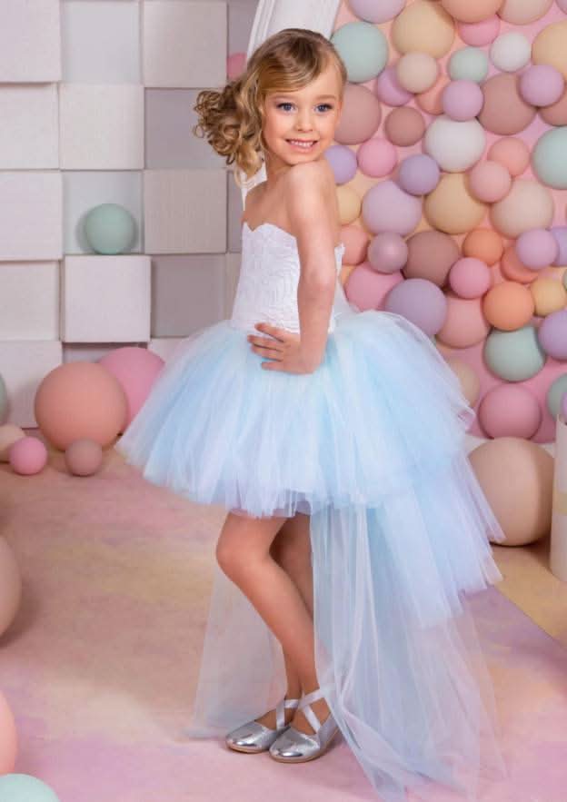 Stunning Tulle Strapless Asymmetrical A-line Flower Girl Dress with Lace BM bride
