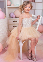 Stunning Tulle Strapless Asymmetrical A-line Flower Girl Dress with Lace BM bride