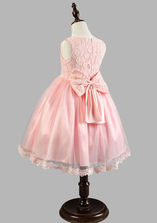 Delicate Organza Bateau Neck Tea-Length A-line Flower Girl Dress with Lace BM bride