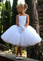 Charming Lace Square Neckline Tea-Length Ball Gown Flower Girl Dress with Beading BM bride
