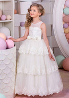Charming Lace Bateau Neck Floor-Length A-line Flower Girl Dress with Bowknot BM bride