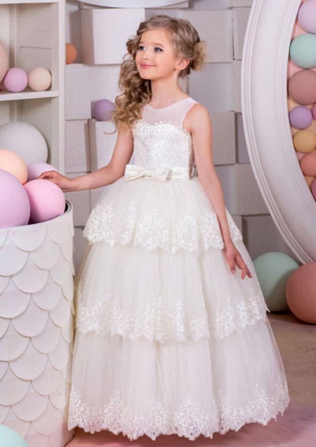 Charming Lace Bateau Neck Floor-Length A-line Flower Girl Dress with Bowknot BM bride