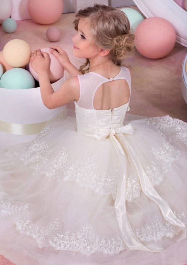Charming Lace Bateau Neck Floor-Length A-line Flower Girl Dress with Bowknot BM bride