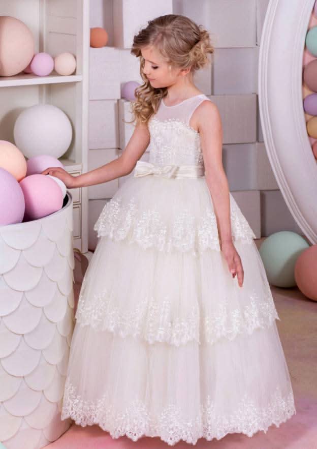Charming Lace Bateau Neck Floor-Length A-line Flower Girl Dress with Bowknot BM bride