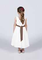 Elegant Satin Bateau Neck Tea-Length A-line Flower Girl Dress with Waistband BM bride
