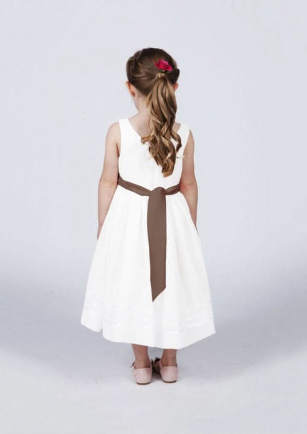 Elegant Satin Bateau Neck Tea-Length A-line Flower Girl Dress with Waistband BM bride