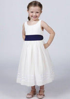 Elegant Satin Bateau Neck Tea-Length A-line Flower Girl Dress with Waistband BM bride