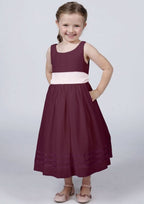 Elegant Satin Bateau Neck Tea-Length A-line Flower Girl Dress with Waistband BM bride