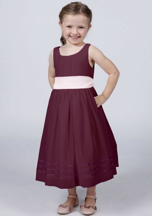 Elegant Satin Bateau Neck Tea-Length A-line Flower Girl Dress with Waistband BM bride