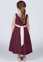 Elegant Satin Bateau Neck Tea-Length A-line Flower Girl Dress with Waistband BM bride